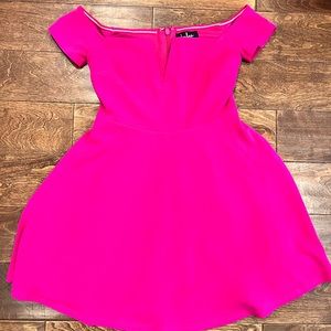 Lulu’s Hot Pink off shoulder deep V cleavage mini dress